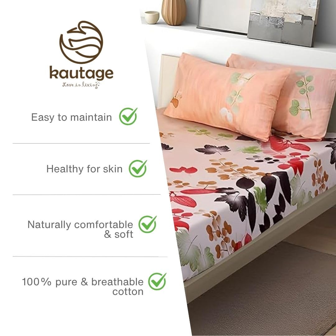 Kautage- Love In Living, Printed 100% Cotton, 186 Tc, Bedsheet With Two Pillow Covers (Peach, Double)