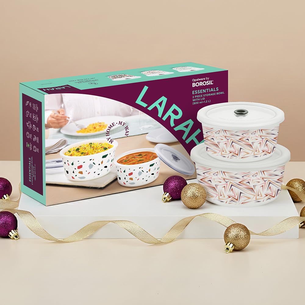 Larah By Borosil Comet 2 Pcs (800 Ml + 1.2 L) Ml Opalware Storage Container With Air Tight Lid | Microwave & Dishwasher Safe
