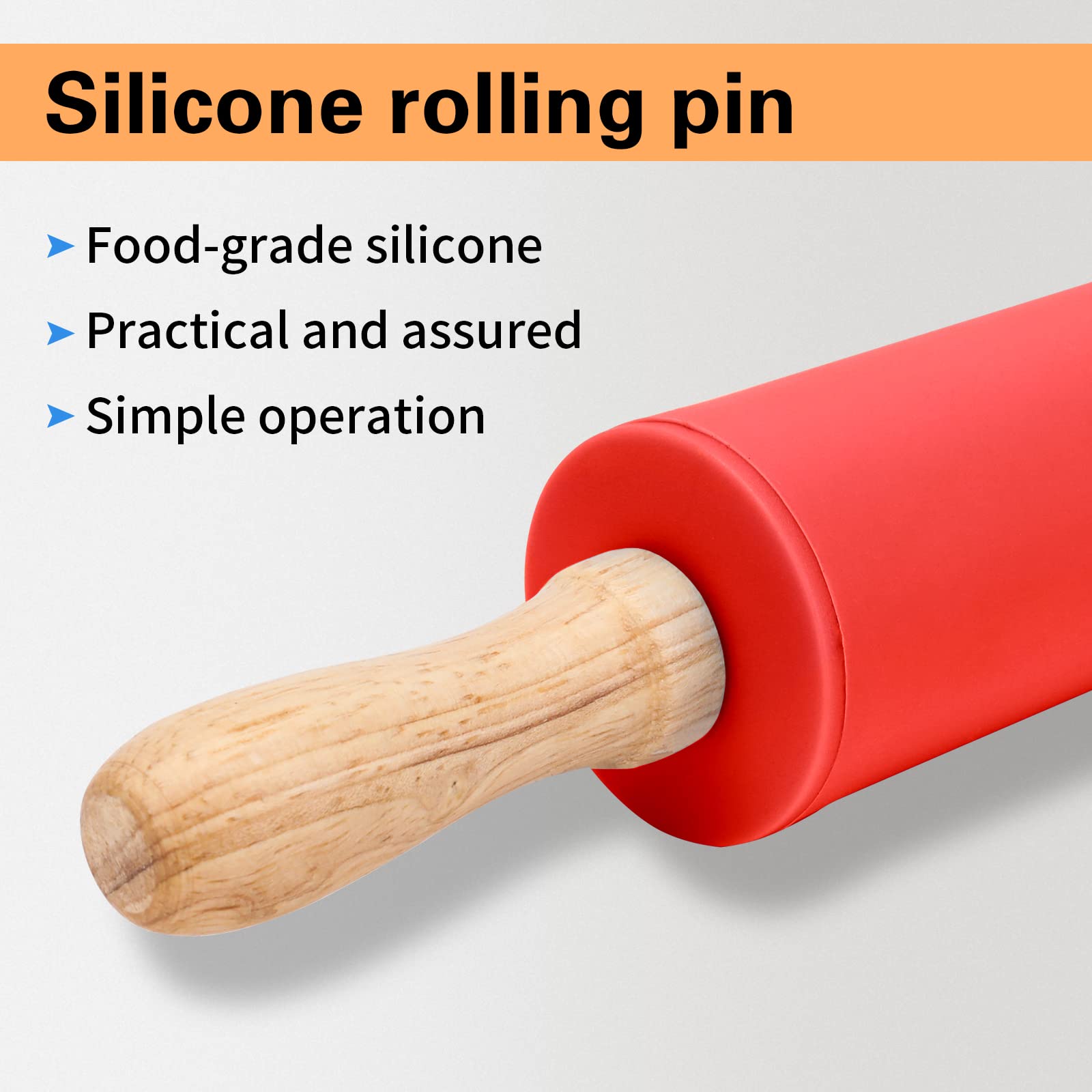 Honglida 12 Inch Silicone Rolling Pin For Kids Non-Stick Surface Wooden Handle