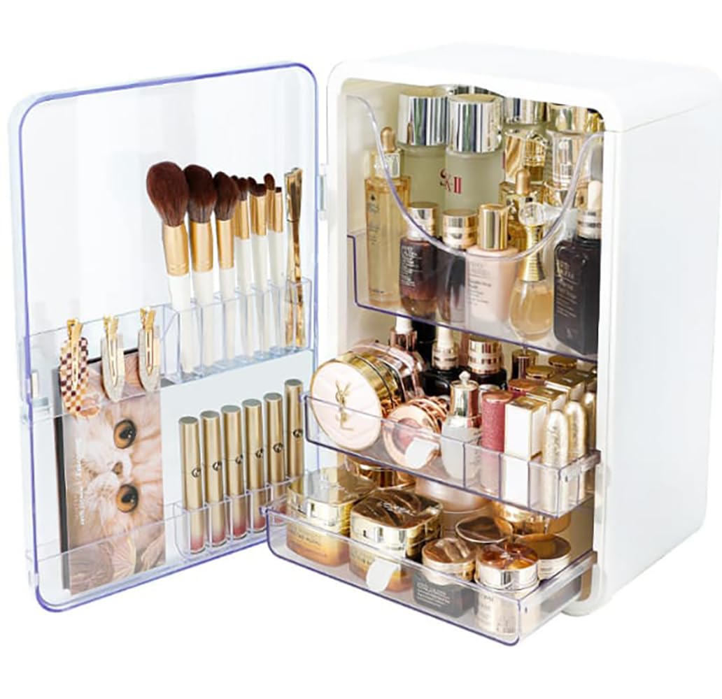 Store 2508 Large Double Door Makeup Organizer With Drawers Dustproof & Waterproof Cosmetic Storage For Women White