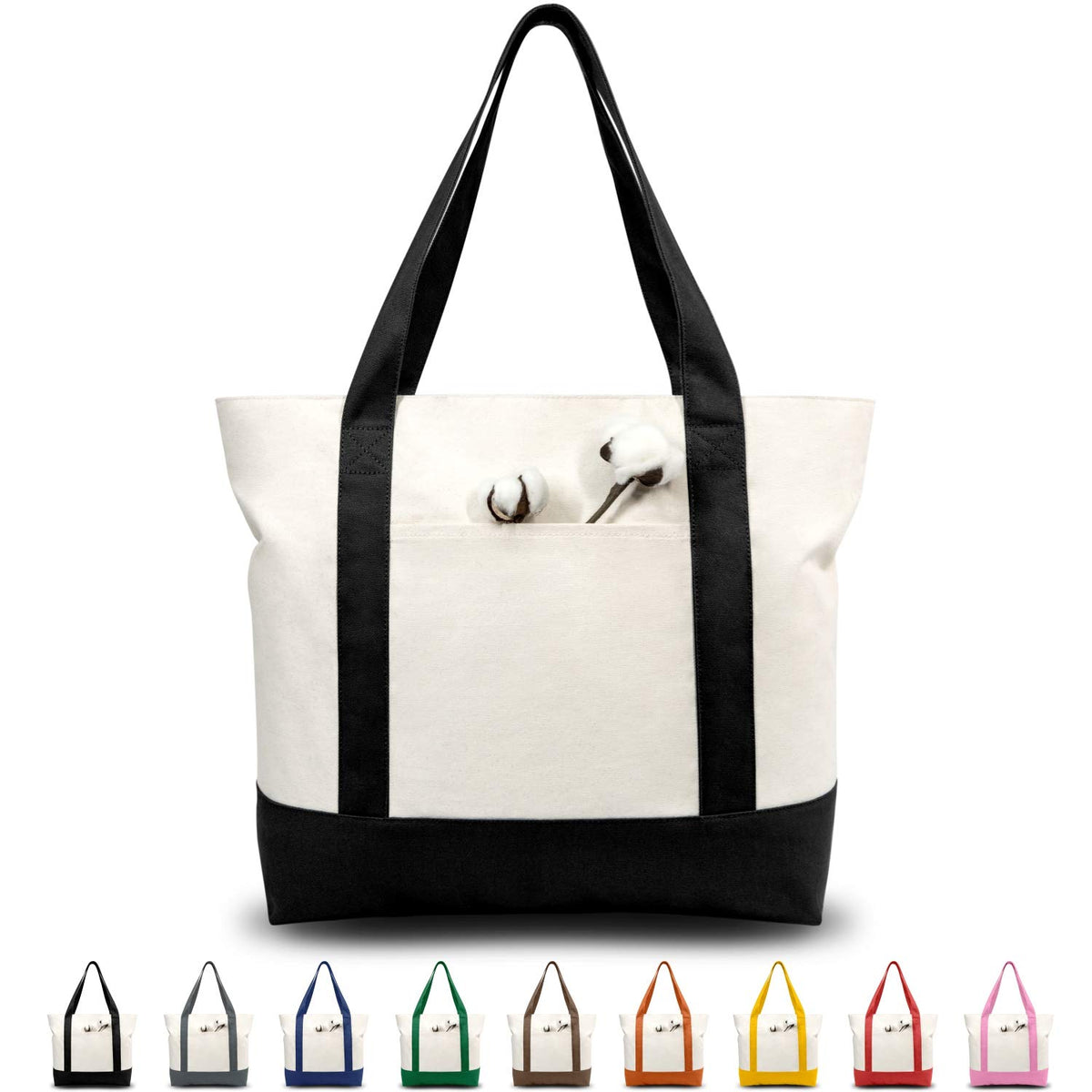 Topdesign 1 | 3 | 6 | 30 Pack Stylish Canvas Tote Bag With An External Pocket, Top Zipper Closure, Daily Essentials (Black/Natur