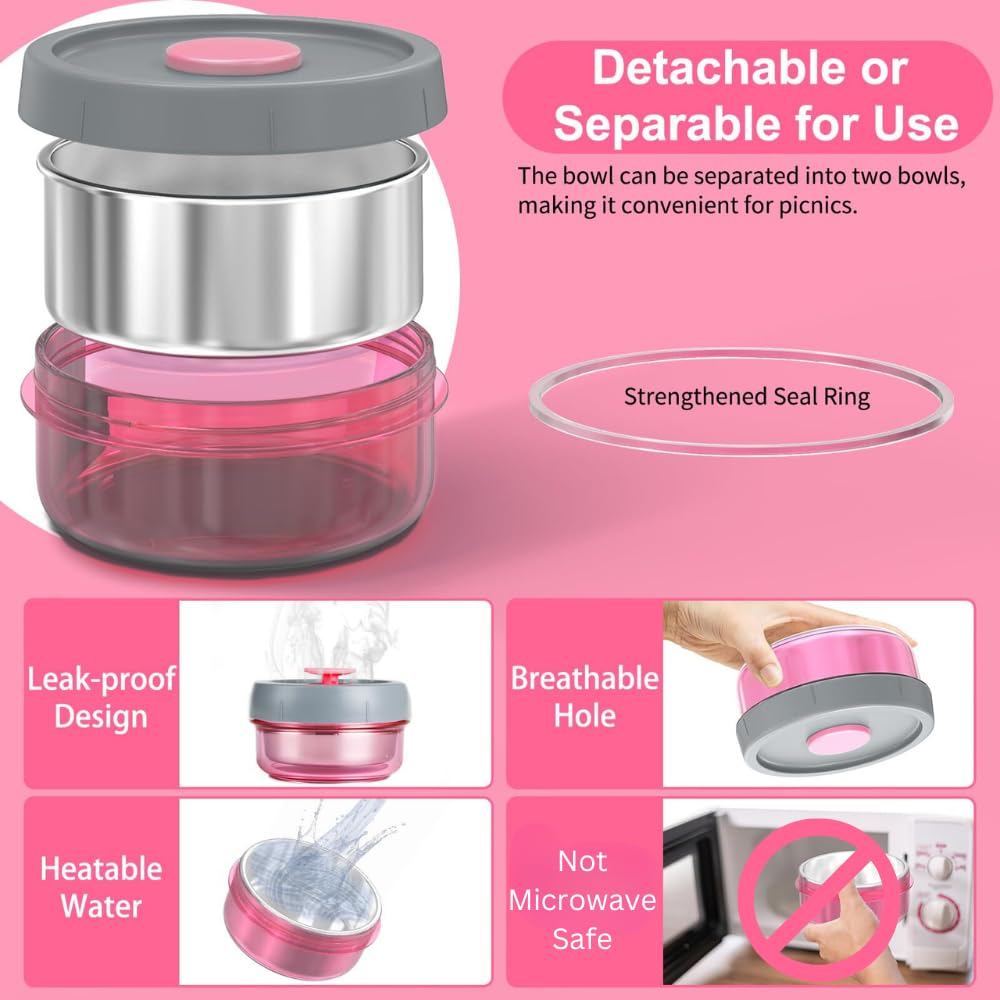Lille Home Vacuum Insulated Lunch Box Set for Men & Women - Leak-Proof Bento Box  Meal Prep & Food Storage Containers  Lunch Bag  Portable Silverware Set (Pink)