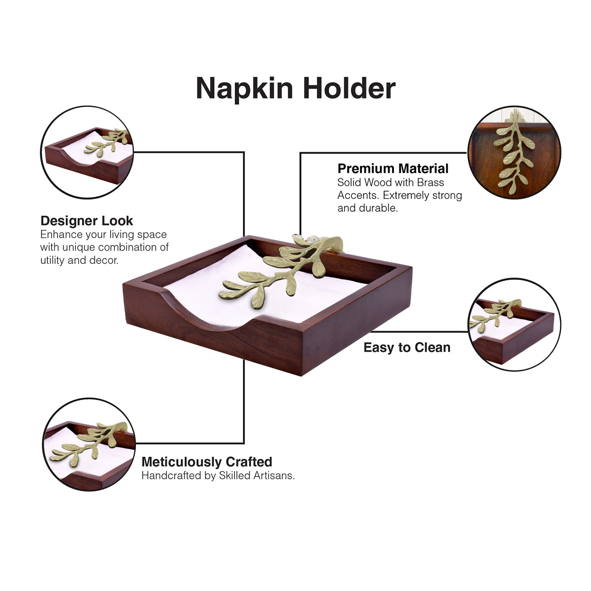 Solid Wood Napkin Holder with Gold Finish Ornament