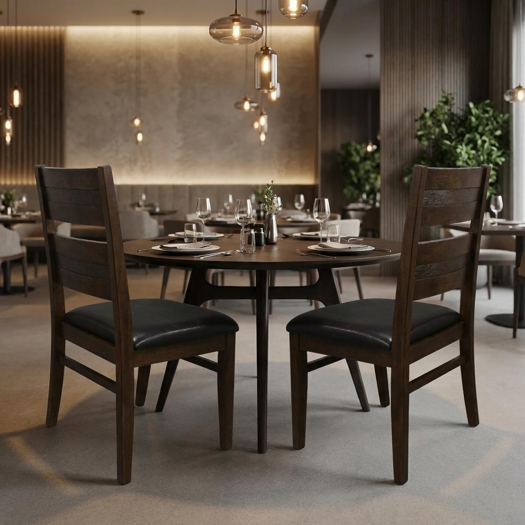 Set of Two Black And Dark Brown Faux Leather And Solid Wood Partially Open Back Dining Side Chairs