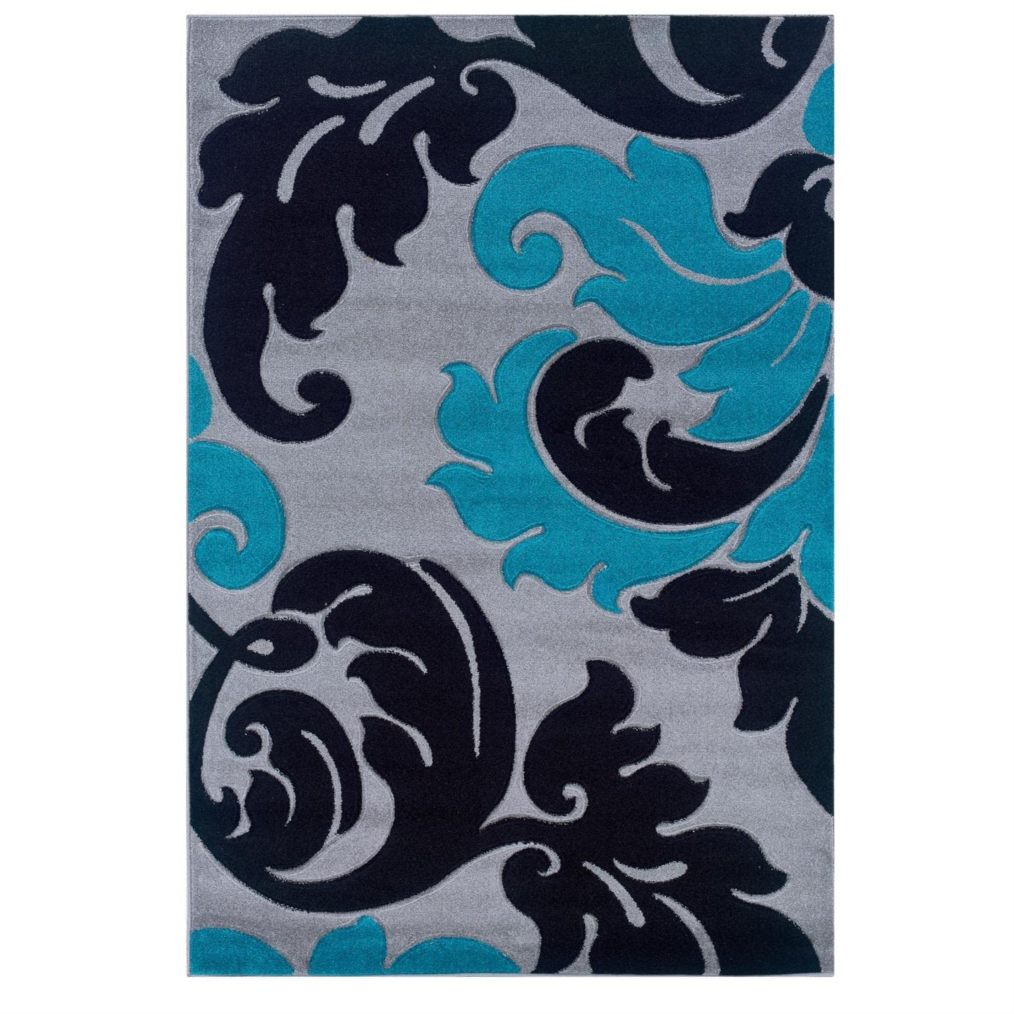 Linon Corfu Damask Frieze Yarn Pile 8x103 Area Rug in Grey & Turquoise