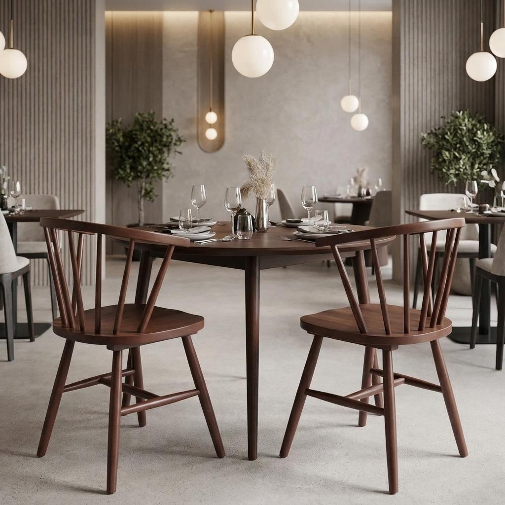 Set of Two Walnut And Brown Solid Wood Windsor Back Dining Side Chairs