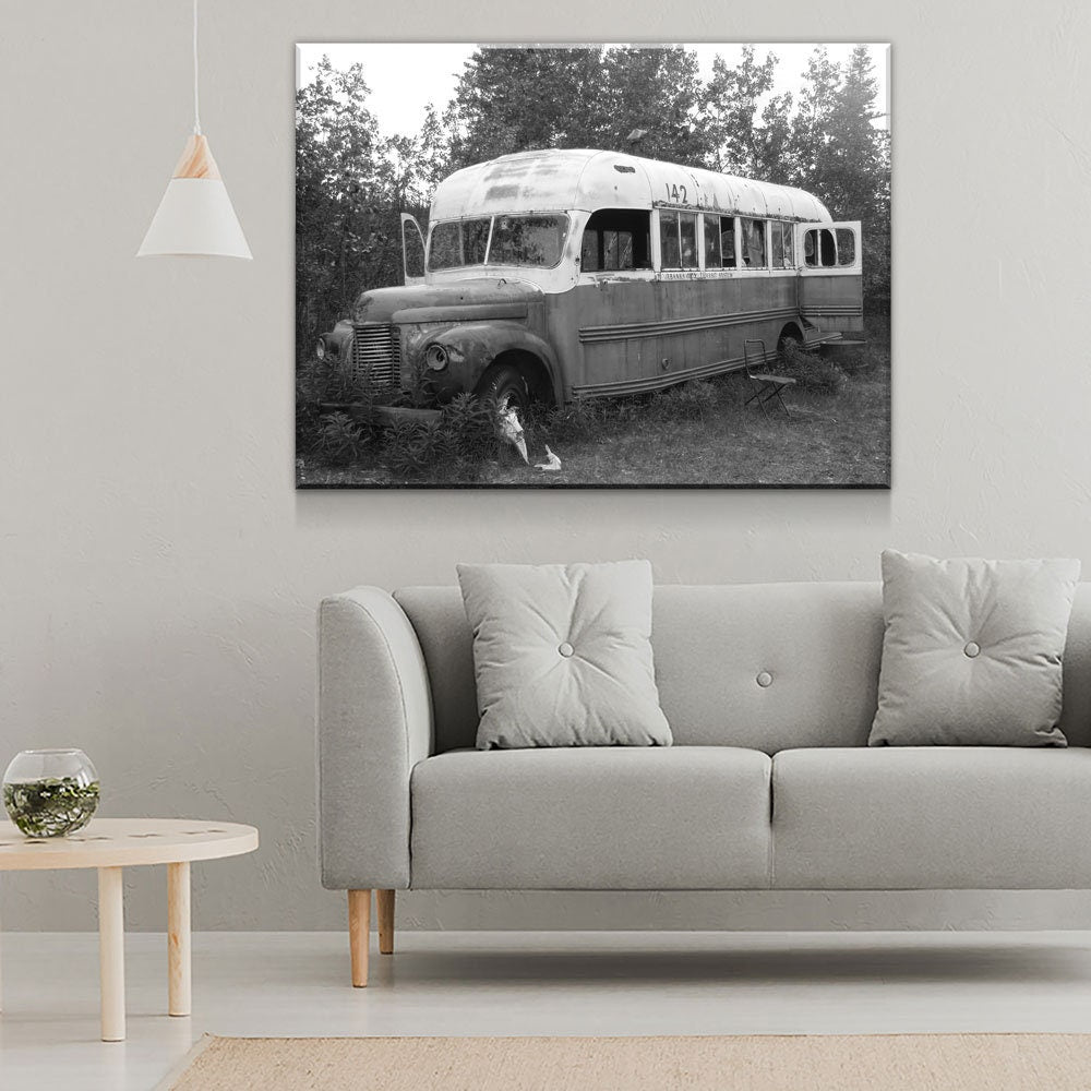 McCandless Bus Into The Wild Canvas Wall Art, Alaska, American Hiker Bus, Fairbanks City Transit System Bus 142, Stampede Trail