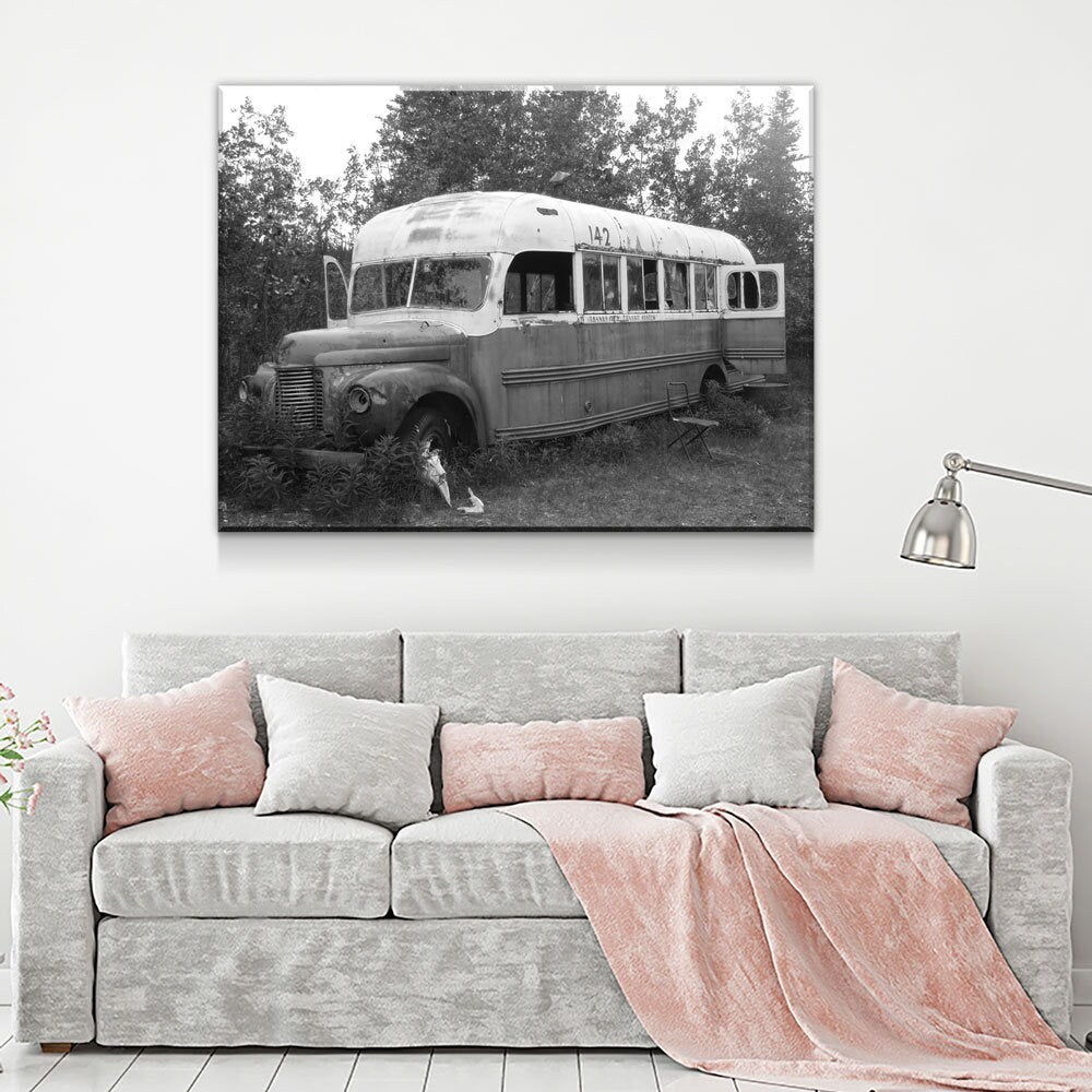 McCandless Bus Into The Wild Canvas Wall Art, Alaska, American Hiker Bus, Fairbanks City Transit System Bus 142, Stampede Trail