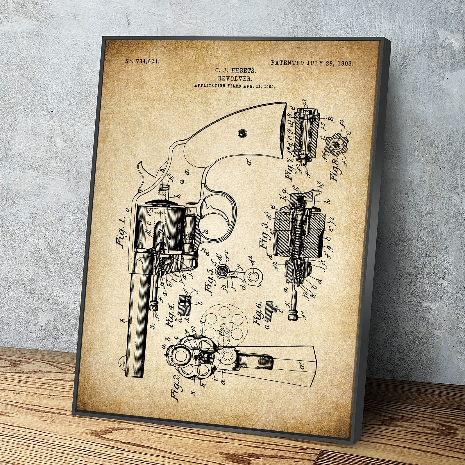 Revolver Patent Wall Art, Pistol Patent Print, Gun Patent Print, 1903 Vintage Revolver Patent Print, Carl J Ehbets