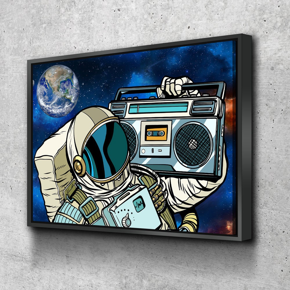 Spaceman Galaxy Jam Canvas Wall Art, Space Walk, Galaxy Jam, Retro Tape Player, Man Cave Decor, Dorm Decor, Retro Decor