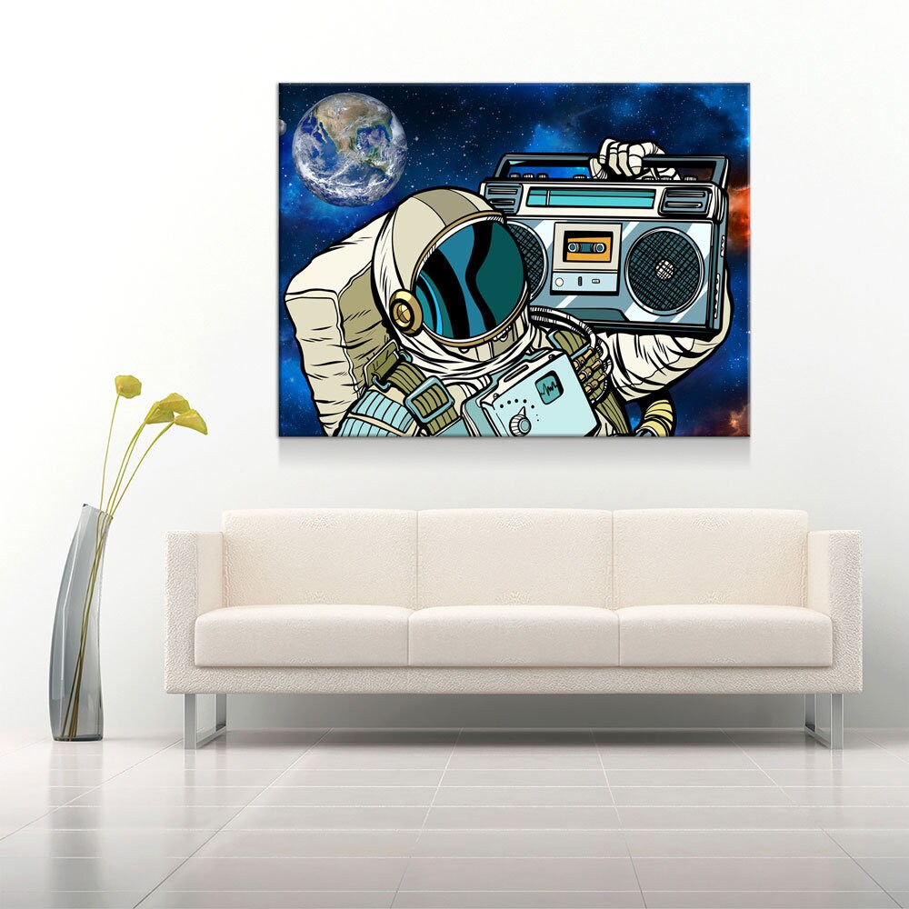 Spaceman Galaxy Jam Canvas Wall Art, Space Walk, Galaxy Jam, Retro Tape Player, Man Cave Decor, Dorm Decor, Retro Decor