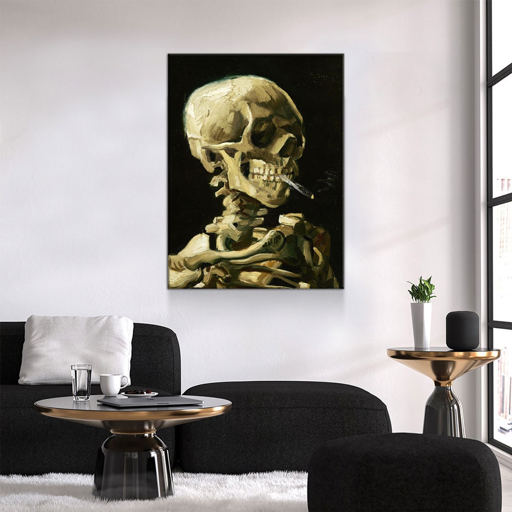 Van Gogh Smoking Skull Canvas Wall Art, Skull Skeleton With Burning Cigarette, Van Gogh Reproduction, 1885-86