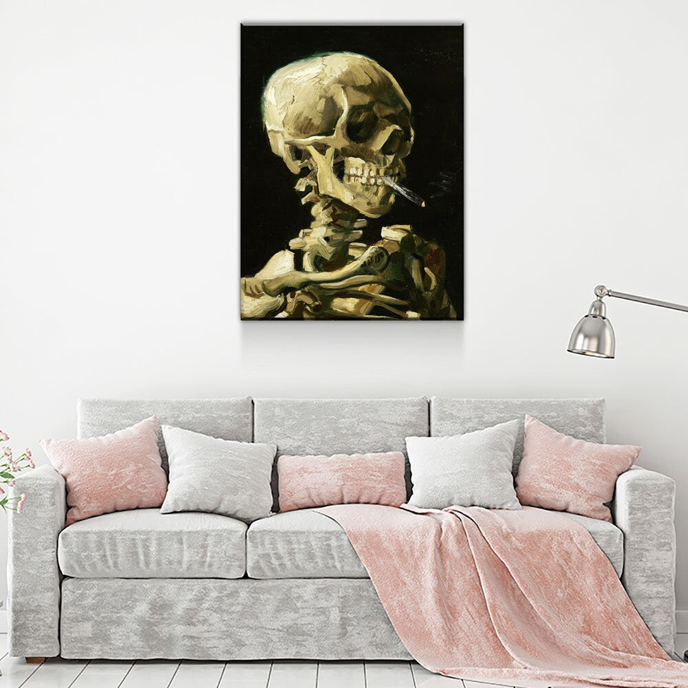 Van Gogh Smoking Skull Canvas Wall Art, Skull Skeleton With Burning Cigarette, Van Gogh Reproduction, 1885-86