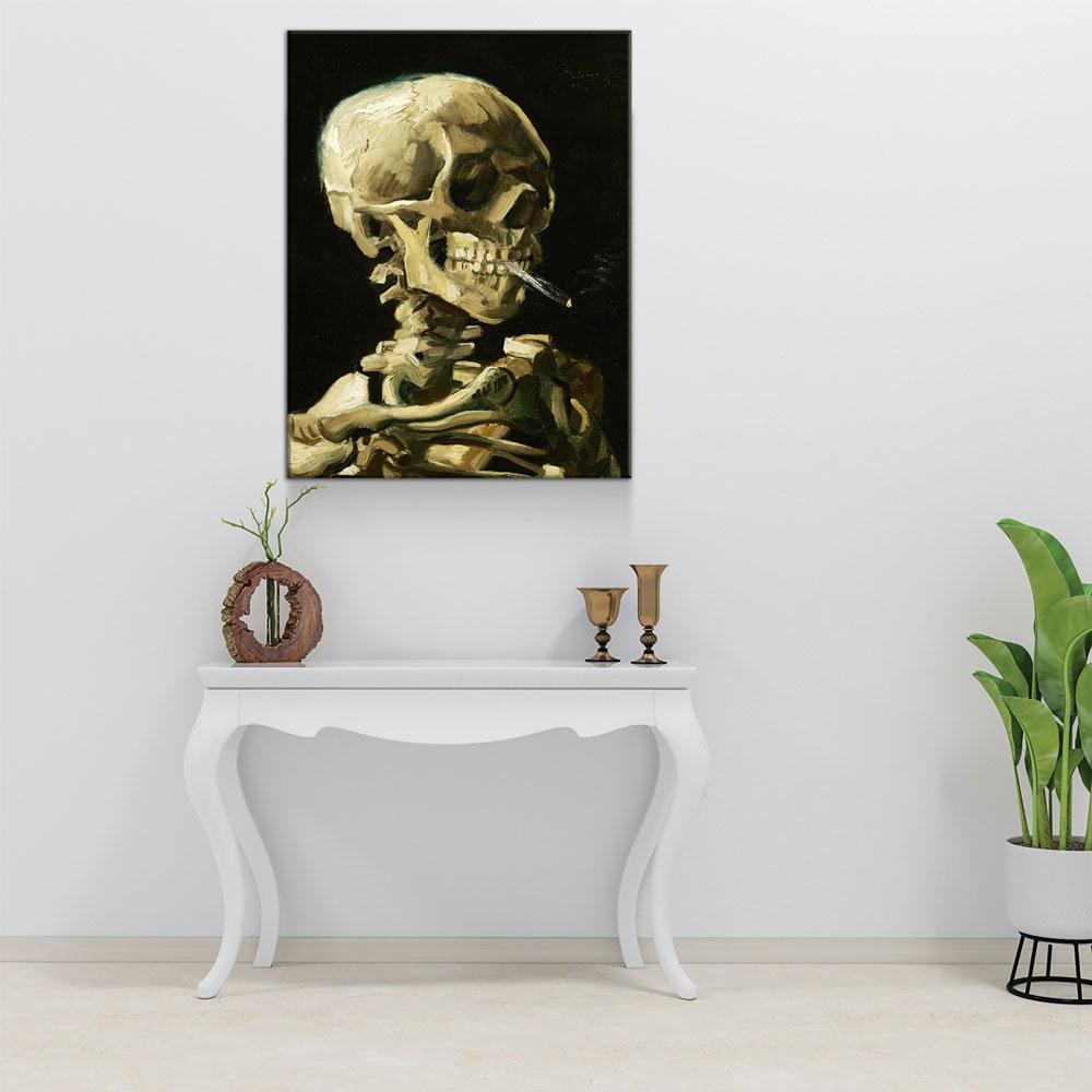 Van Gogh Smoking Skull Canvas Wall Art, Skull Skeleton With Burning Cigarette, Van Gogh Reproduction, 1885-86