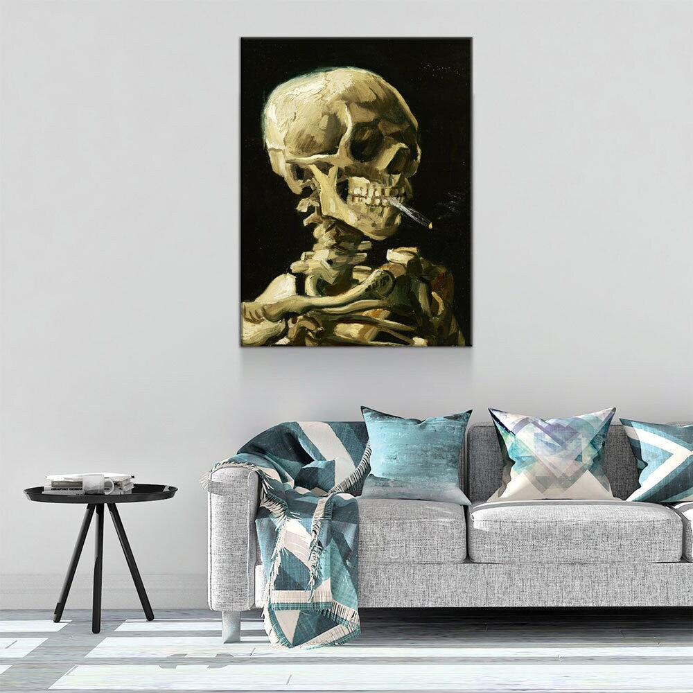 Van Gogh Smoking Skull Canvas Wall Art, Skull Skeleton With Burning Cigarette, Van Gogh Reproduction, 1885-86