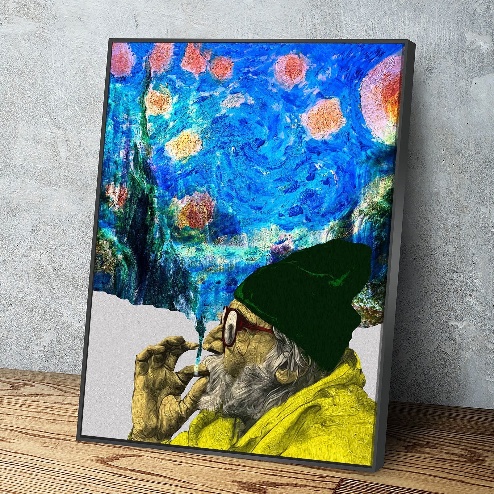 Smokin Man Starry Night Canvas Wall Art, Cannabis Man, Smoking dreams Abstract Art, Abstract Home Decor