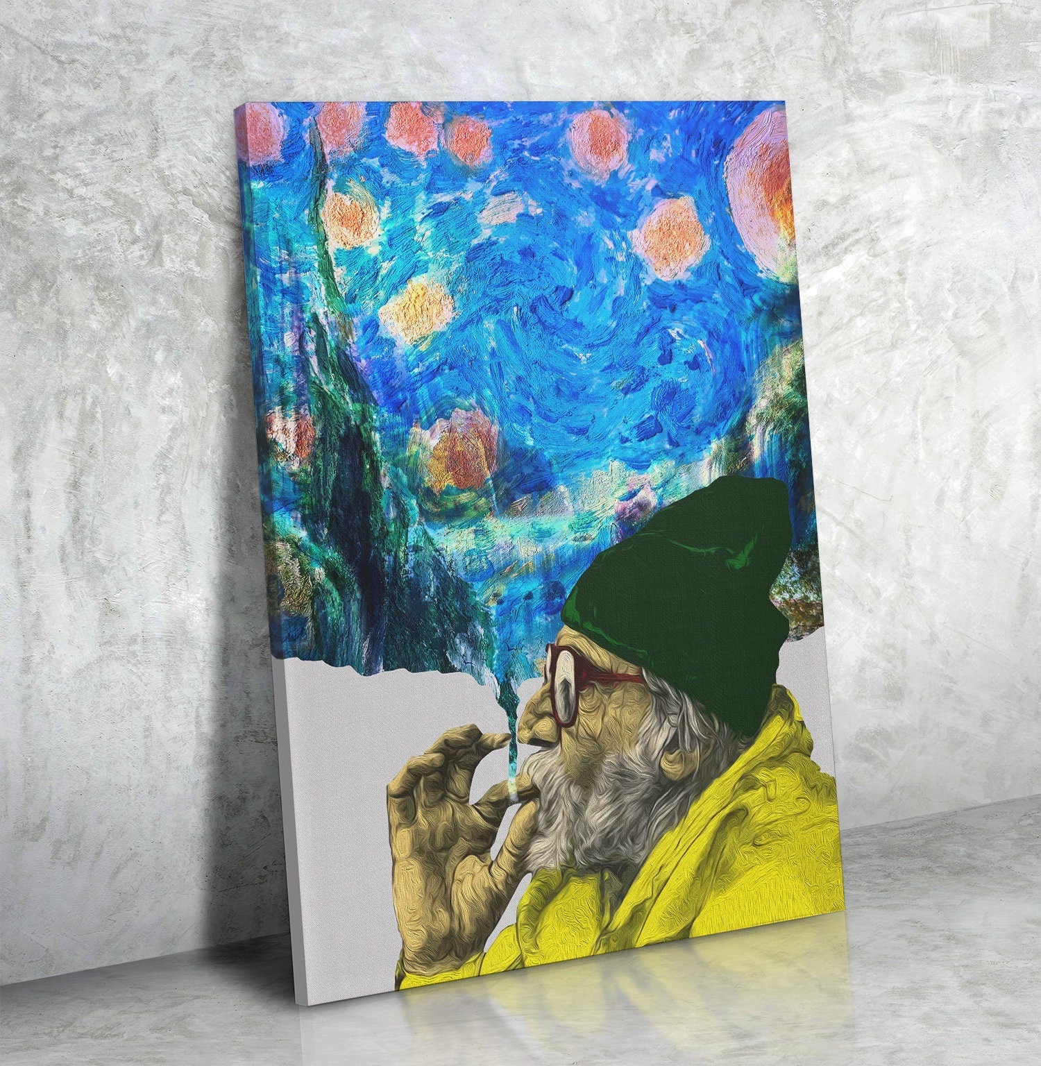 Smokin Man Starry Night Canvas Wall Art, Cannabis Man, Smoking dreams Abstract Art, Abstract Home Decor