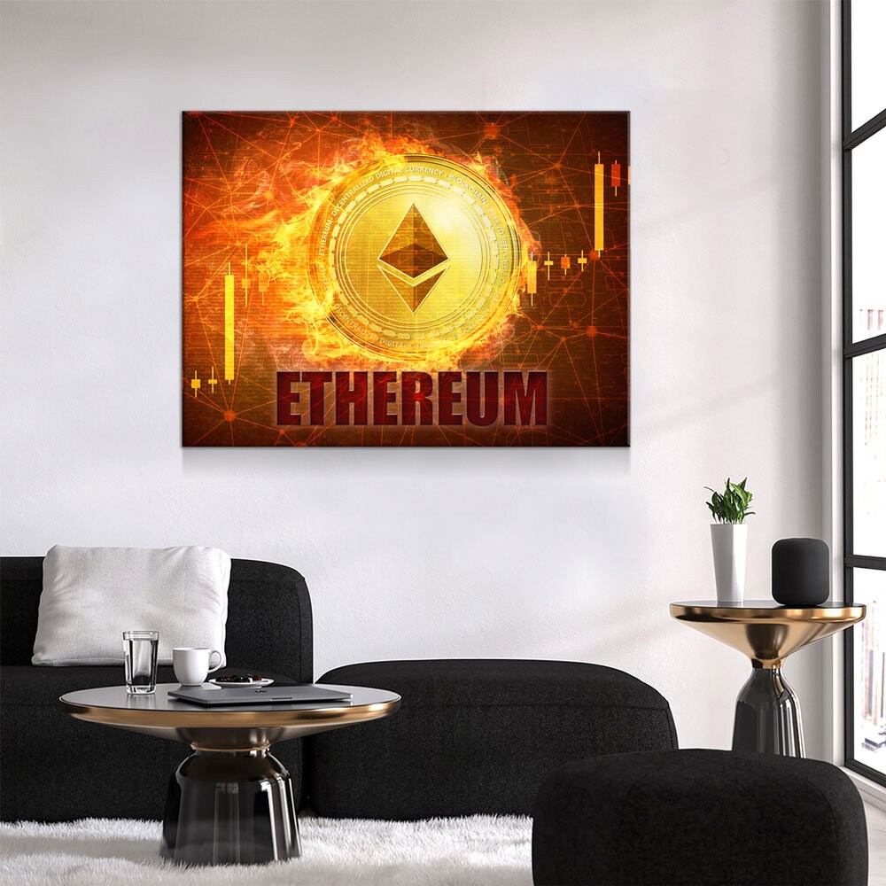 Ethereum Fire Canvas Wall Art, Cryptocurrency, Blockchain Decentralized Currency
