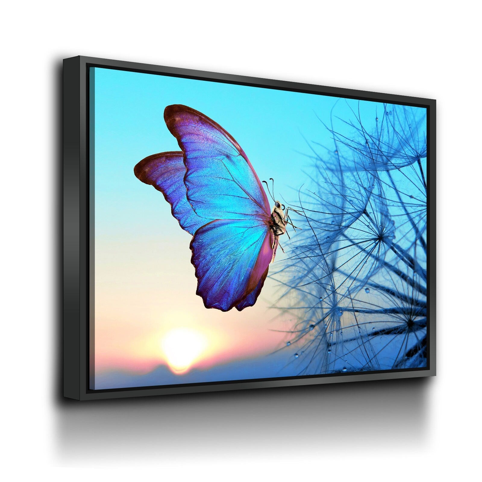 Blue Butterfly Canvas Wall Art, Butterfly Decor, Dandelion Canvas Wall art, Butterfly Sunset