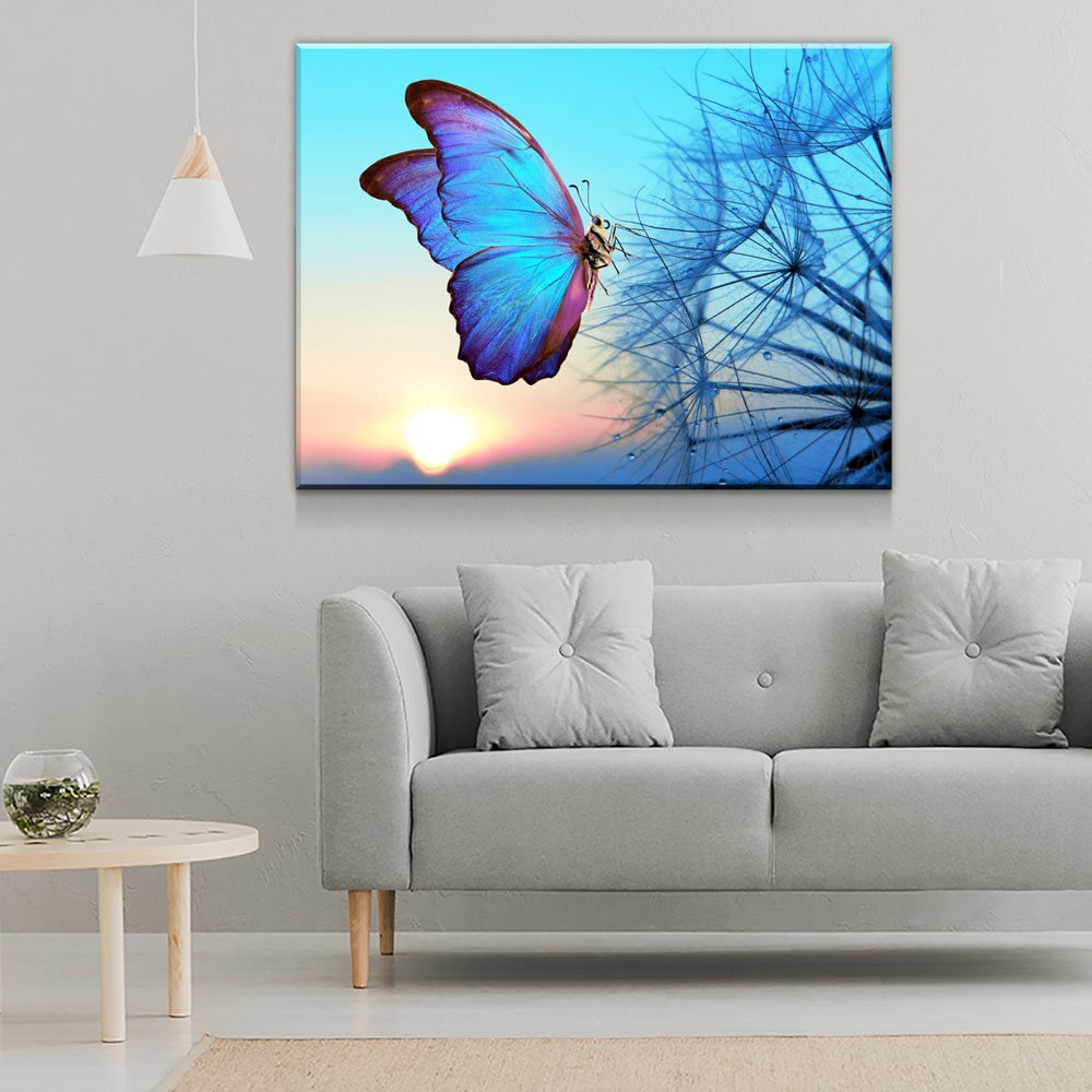 Blue Butterfly Canvas Wall Art, Butterfly Decor, Dandelion Canvas Wall art, Butterfly Sunset