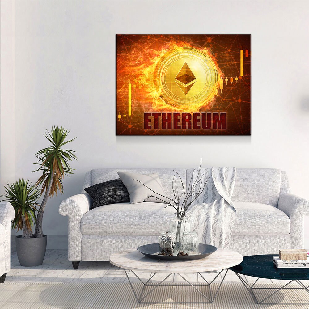 Ethereum Fire Canvas Wall Art, Cryptocurrency, Blockchain Decentralized Currency