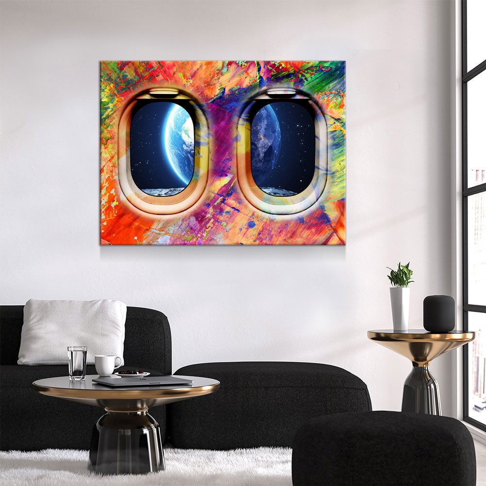 Airplane Window Seat Earth View, Abstract Decor, Travel Space Lovers Canvas Wall Art, Galaxy Getaway, Travel Decor, Airplane Window Art
