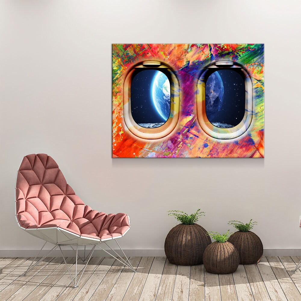 Airplane Window Seat Earth View, Abstract Decor, Travel Space Lovers Canvas Wall Art, Galaxy Getaway, Travel Decor, Airplane Window Art