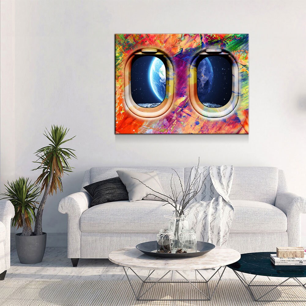 Airplane Window Seat Earth View, Abstract Decor, Travel Space Lovers Canvas Wall Art, Galaxy Getaway, Travel Decor, Airplane Window Art