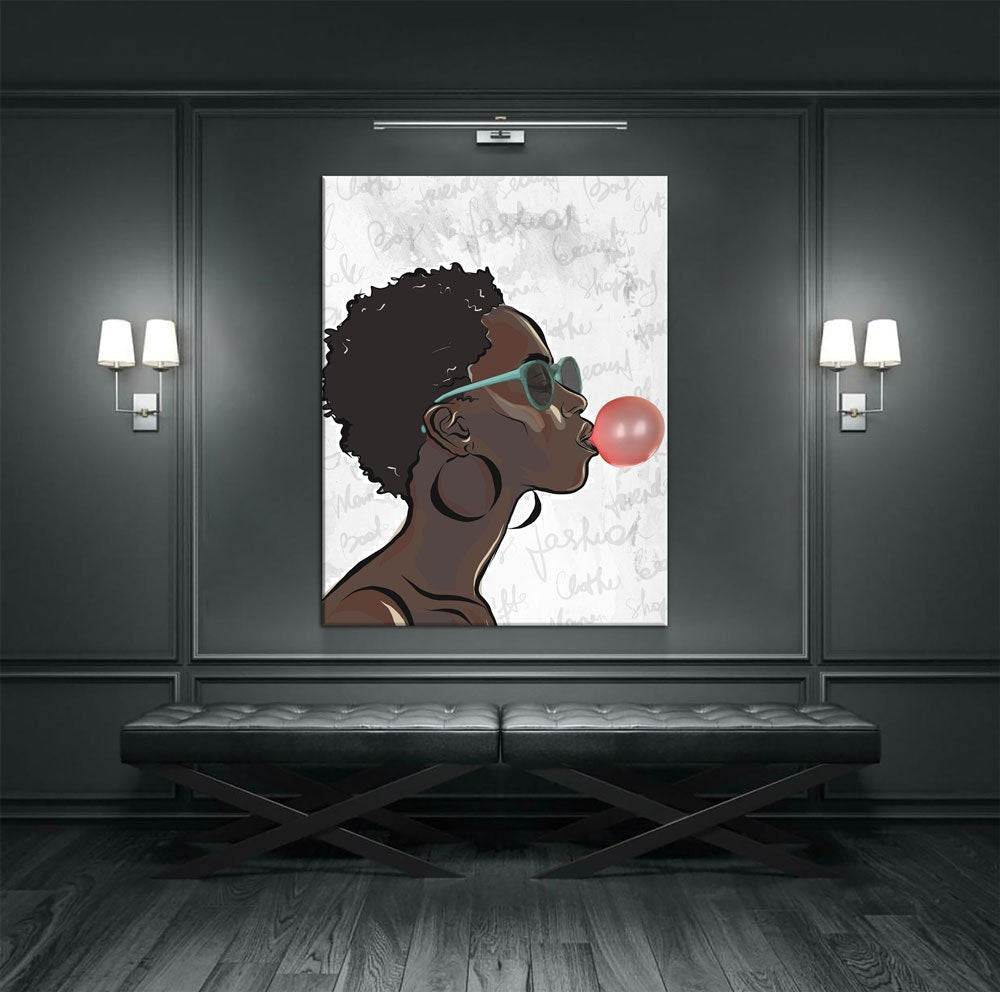 Black Girl With Bubble Gum Canvas Wall Art, Black Art, African American Art, African American Blowing Bubble, Home Decor Wall Art