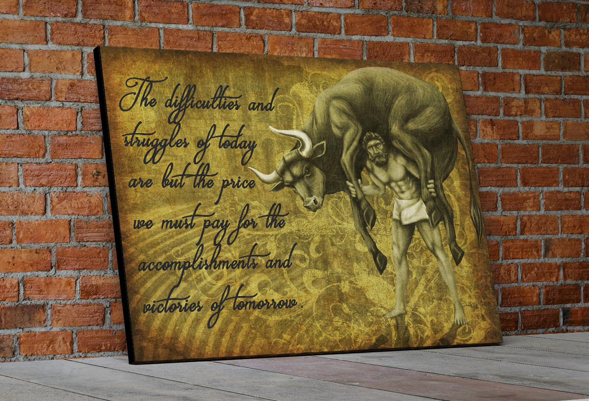 Milo Of Croton Olympian Greek Culture Canvas Wall Art, Milo The Olympic Wrestler Quote On Canvas