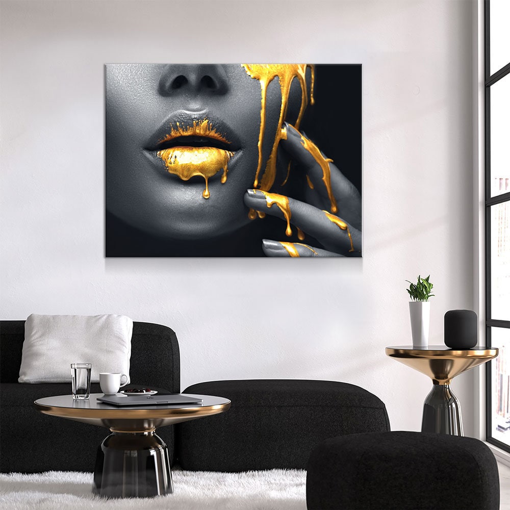 Gold Lips Of Desire Canvas Wall Art, Lips Canvas Abstract Art, Abstract Decor, Golden Lips