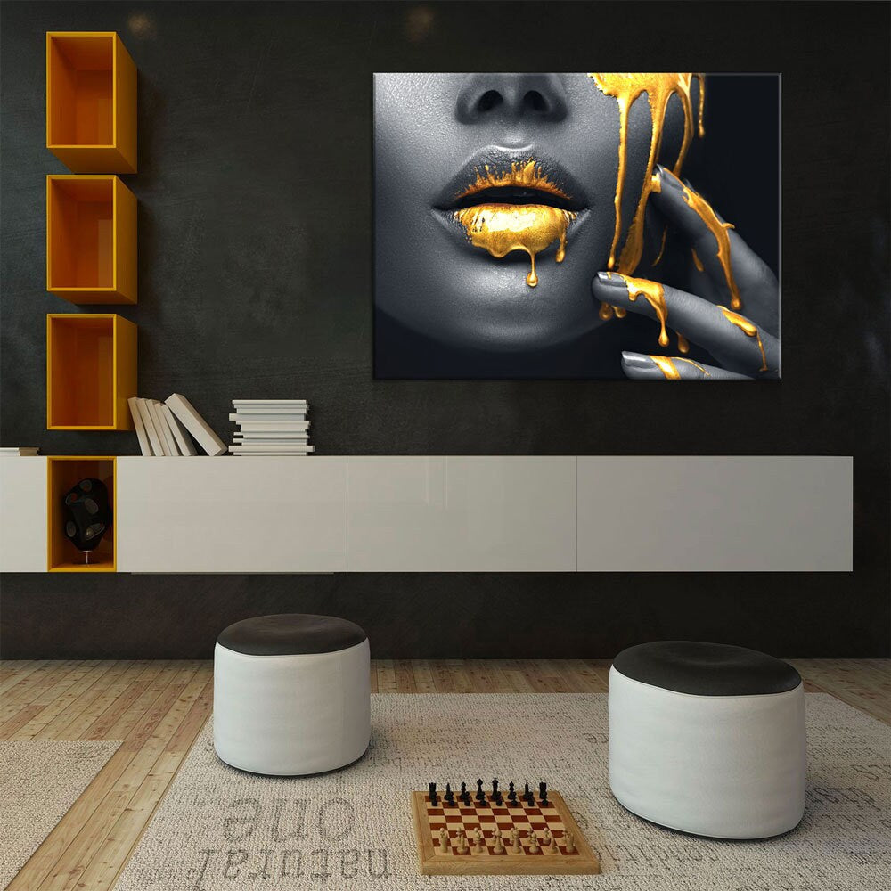 Gold Lips Of Desire Canvas Wall Art, Lips Canvas Abstract Art, Abstract Decor, Golden Lips