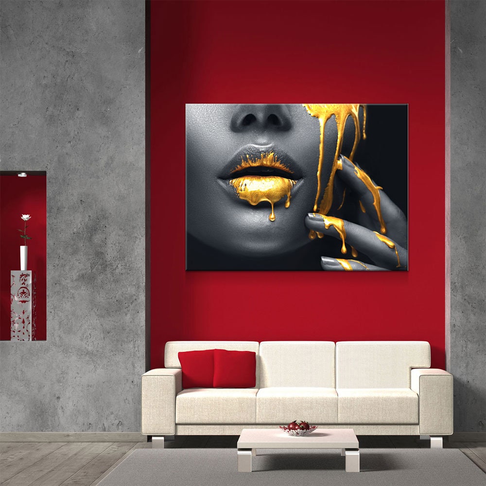 Gold Lips Of Desire Canvas Wall Art, Lips Canvas Abstract Art, Abstract Decor, Golden Lips