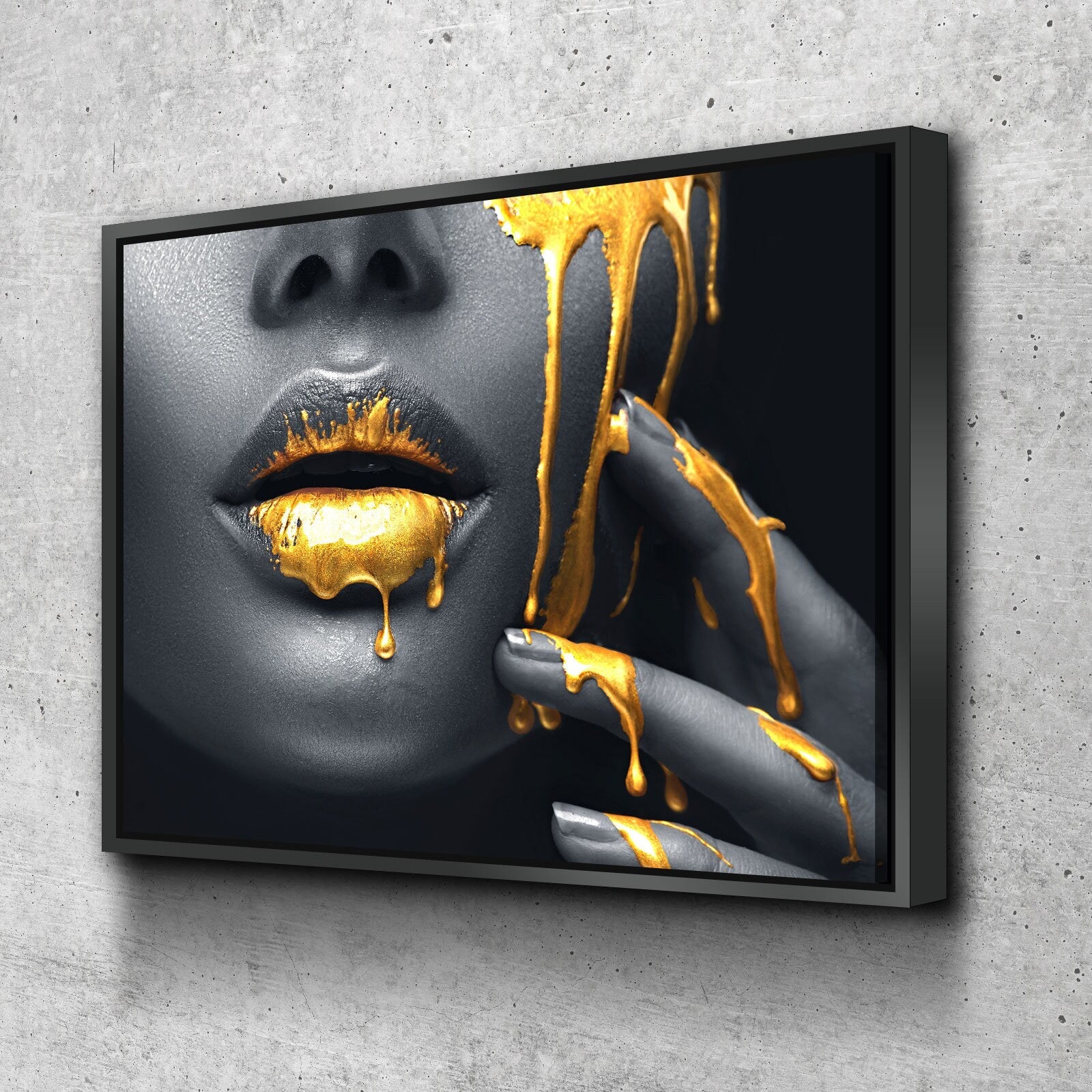 Gold Lips Of Desire Canvas Wall Art, Lips Canvas Abstract Art, Abstract Decor, Golden Lips