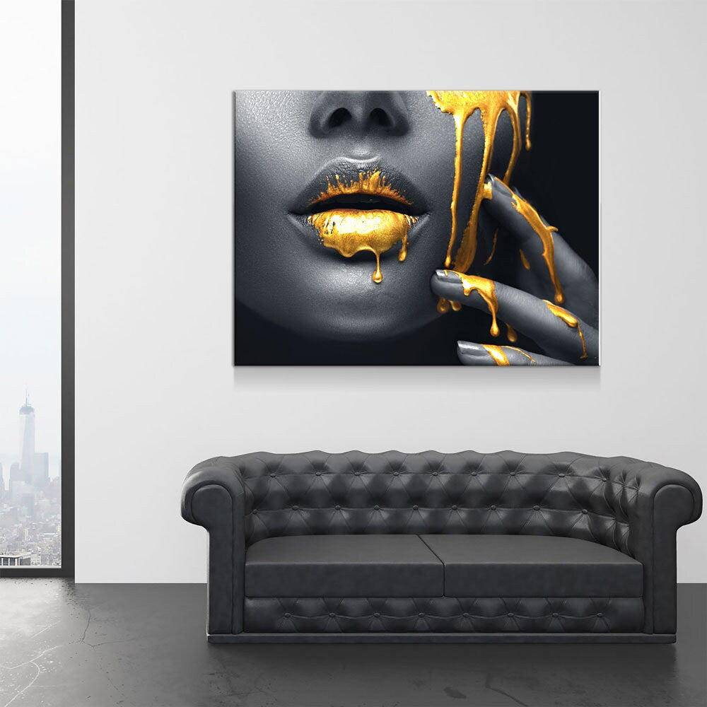 Gold Lips Of Desire Canvas Wall Art, Lips Canvas Abstract Art, Abstract Decor, Golden Lips