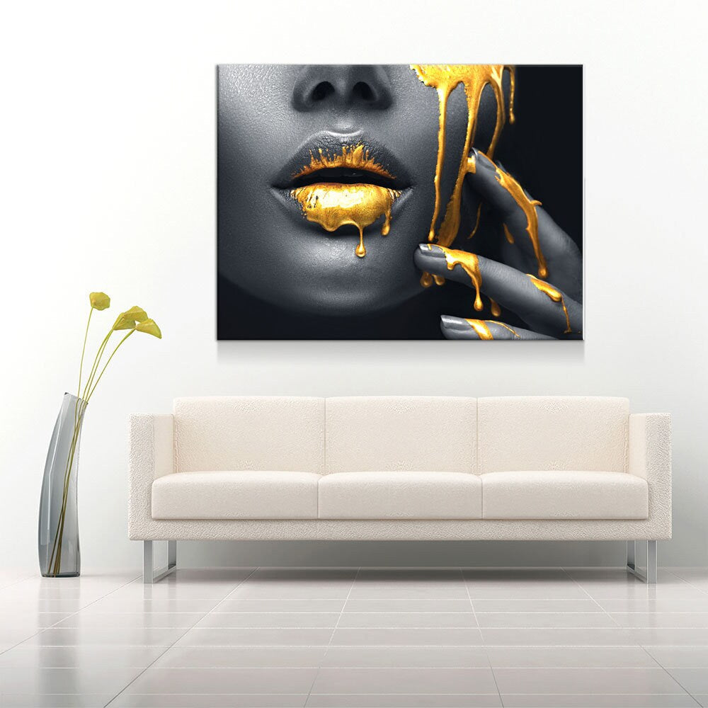 Gold Lips Of Desire Canvas Wall Art, Lips Canvas Abstract Art, Abstract Decor, Golden Lips