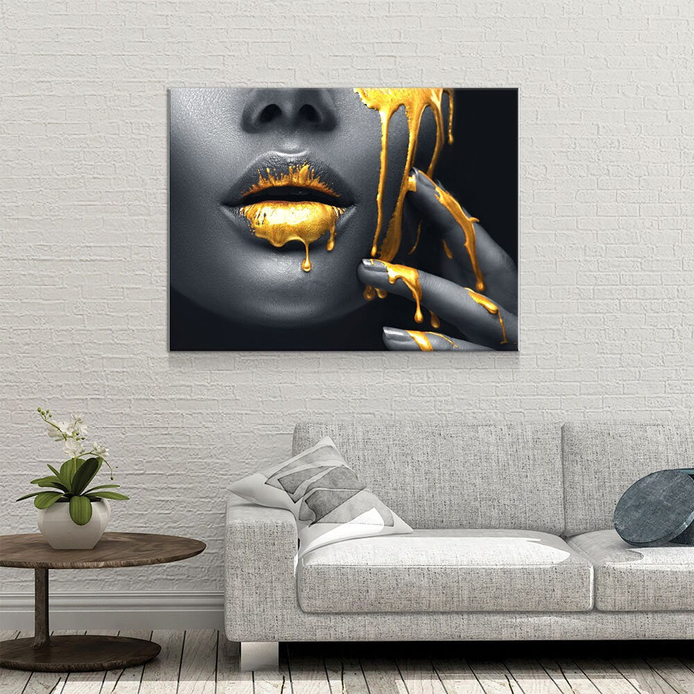 Gold Lips Of Desire Canvas Wall Art, Lips Canvas Abstract Art, Abstract Decor, Golden Lips