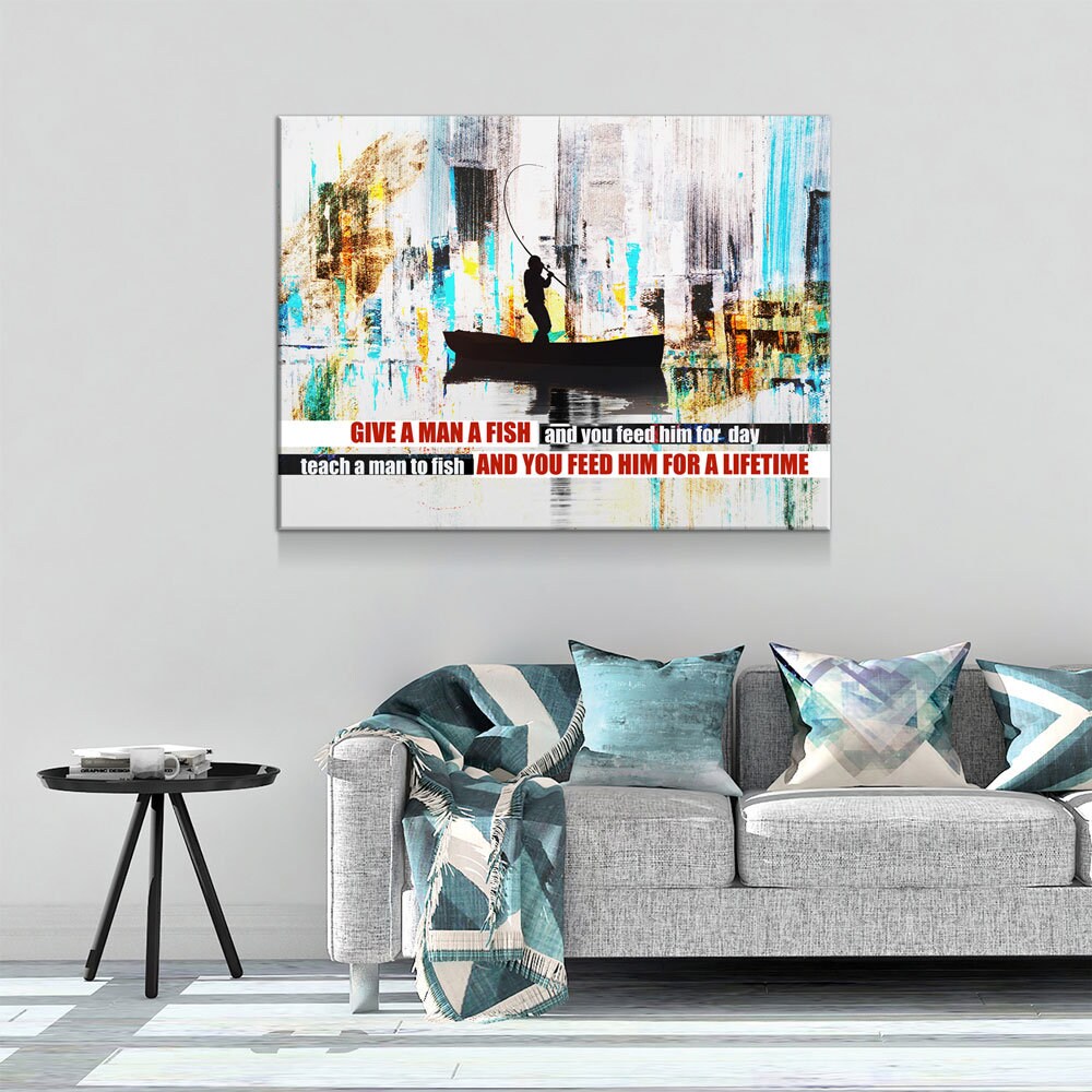 Teach A Man To Fish Canvas Wall Art, Motivational Abstract Art, Feed Him For A Lifetime