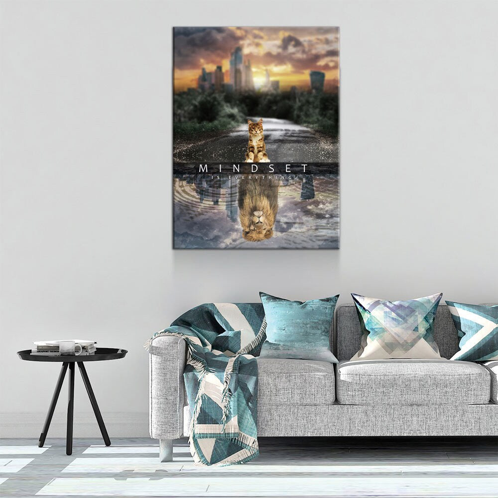Mindset Is Everything Canvas Wall Art, Motivational Decor, Office Decor, Motivational Quotes, Motivational Art, Cat Lion