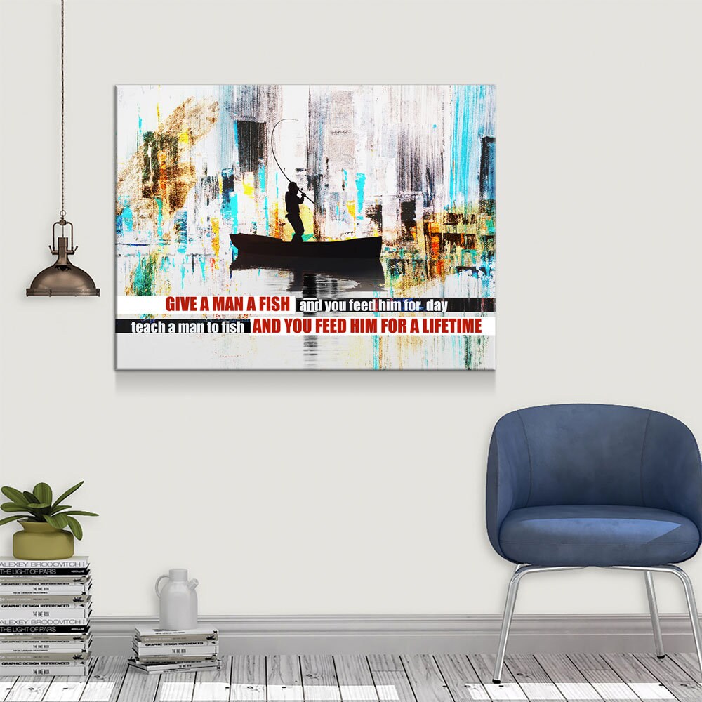 Teach A Man To Fish Canvas Wall Art, Motivational Abstract Art, Feed Him For A Lifetime