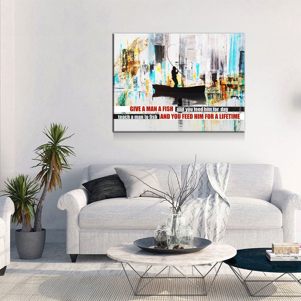Teach A Man To Fish Canvas Wall Art, Motivational Abstract Art, Feed Him For A Lifetime