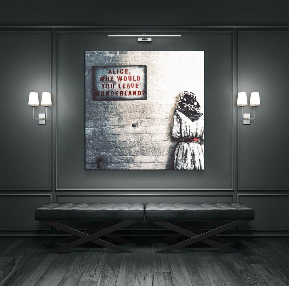 Alice Why Leave Wonderland Canvas Wall Art, Banksy Style Art, Graffiti Art, Graffiti Decor