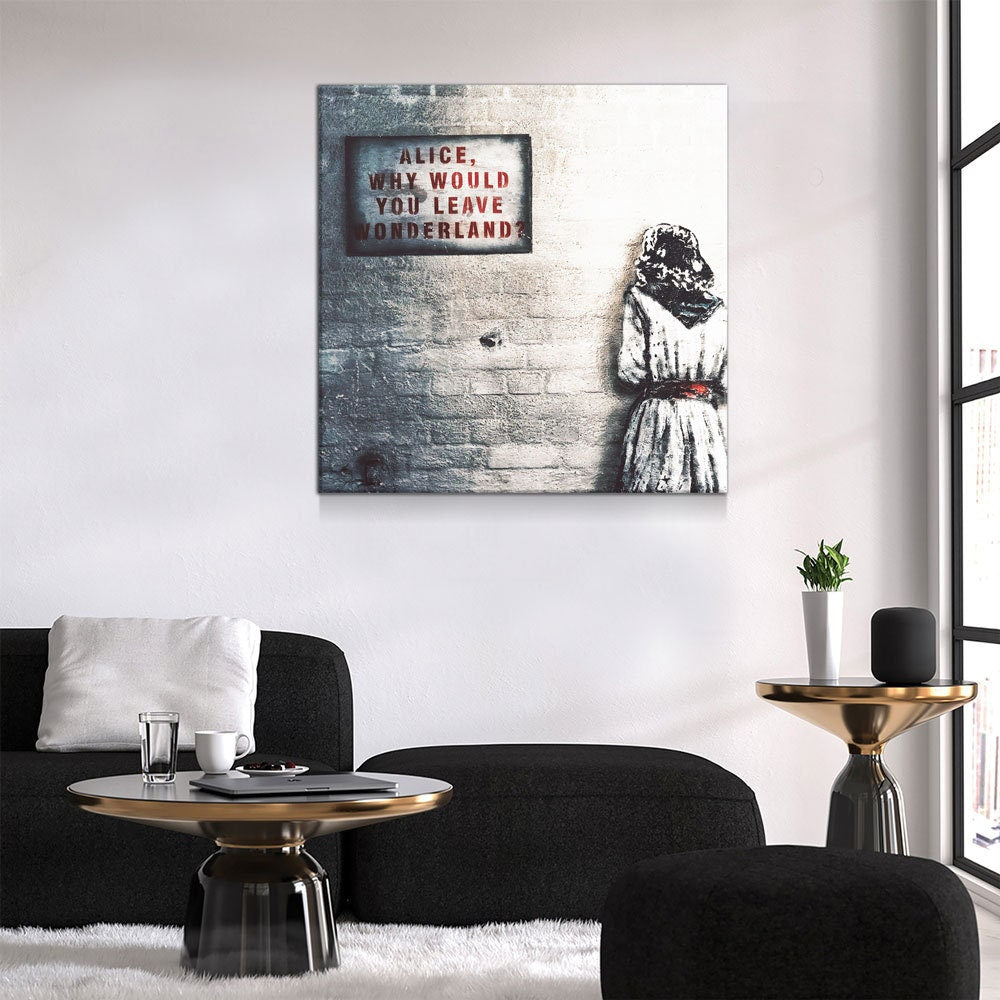Alice Why Leave Wonderland Canvas Wall Art, Banksy Style Art, Graffiti Art, Graffiti Decor
