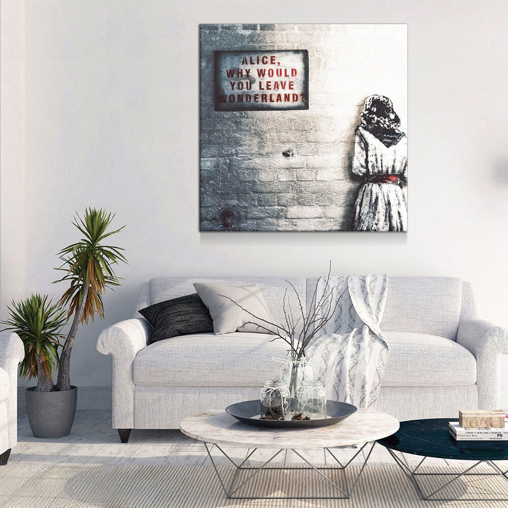 Alice Why Leave Wonderland Canvas Wall Art, Banksy Style Art, Graffiti Art, Graffiti Decor