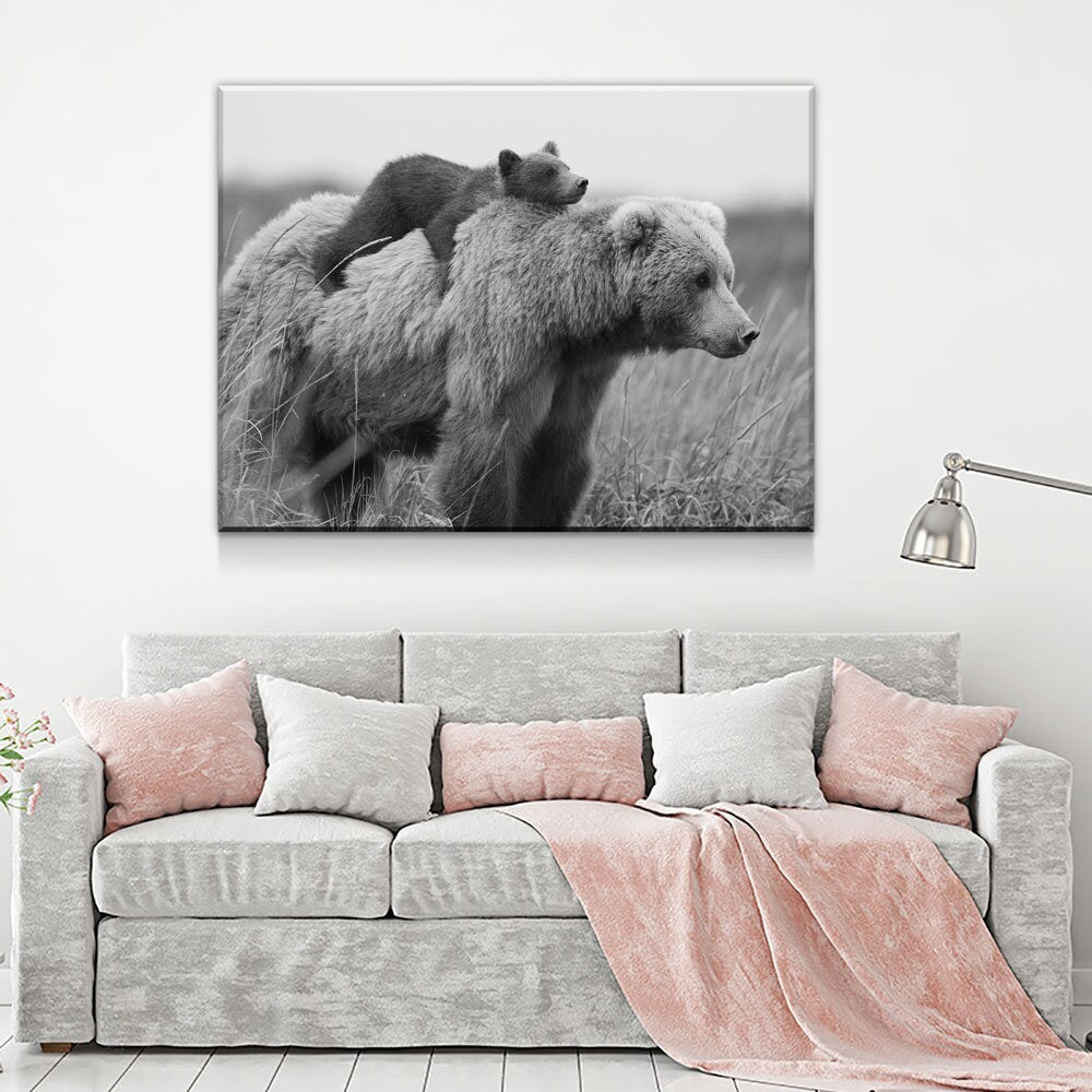Bear & Cub Canvas Wall Art, Bear Cub And Momma Bear Decor, Wilderness, Wildlife, Nature Artwork, Grizzly Bear
