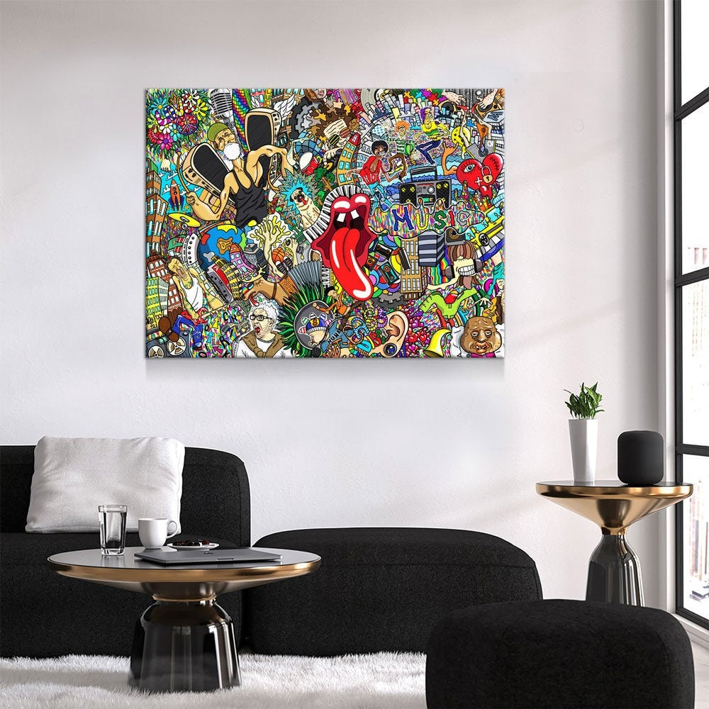 Graffiti Music Collage, Music Collage Canvas Wall Art, Abstract Decor, Hip Hop Music Art, Urban Music Art