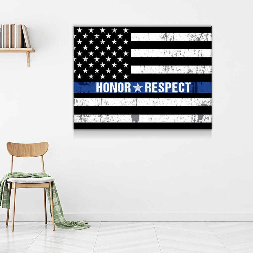 Honor Respect Thin Blue Line Canvas Wall Art, Thin Blue Line Decor, Police Officer Wall Art, LEO, Law Enforcement Officers