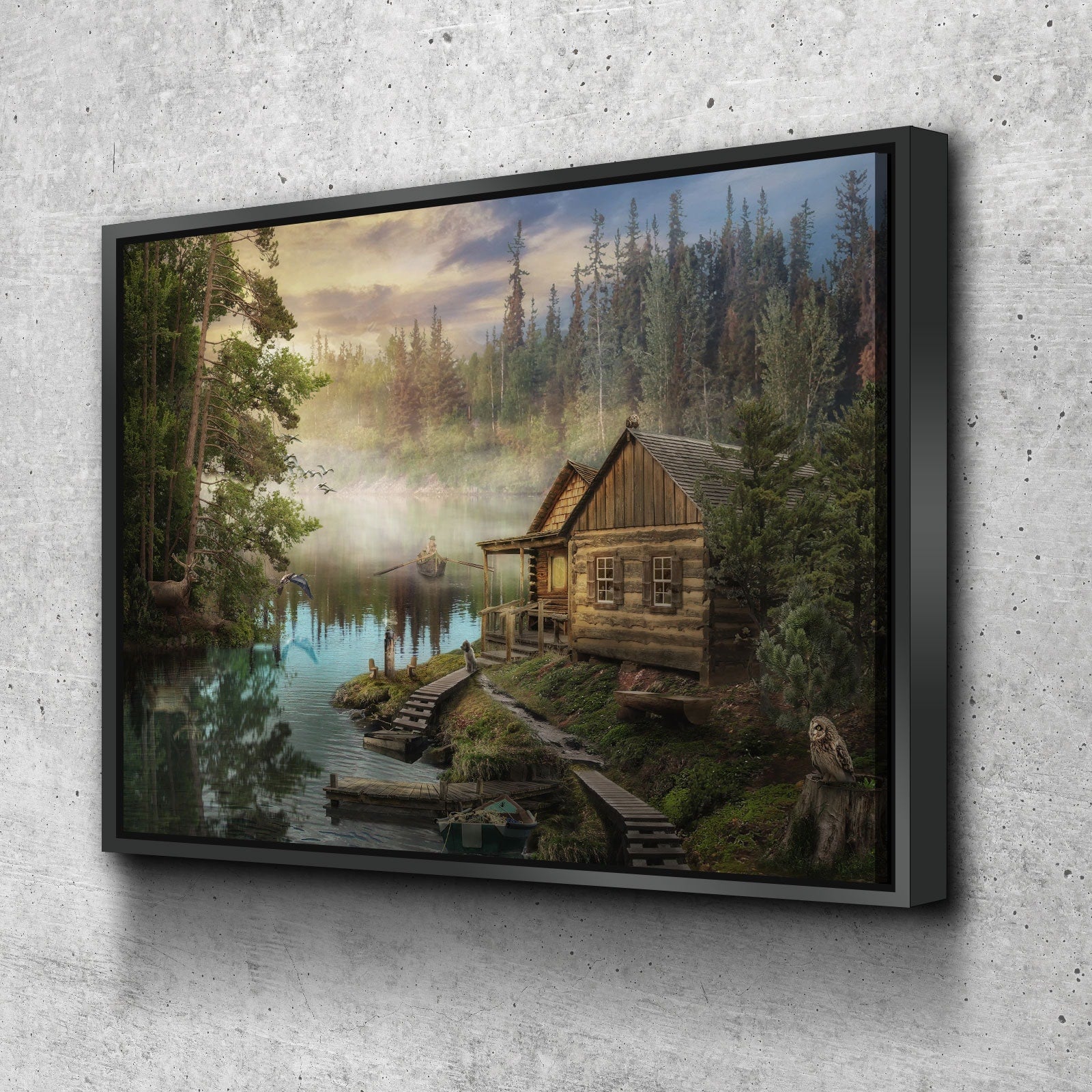 Cabin On The Lake Canvas Wall Art, Forest Cabin, Deer, Owl Decor, Hiking, Fishing Decor, Cabin Decor, Wilderness Decor