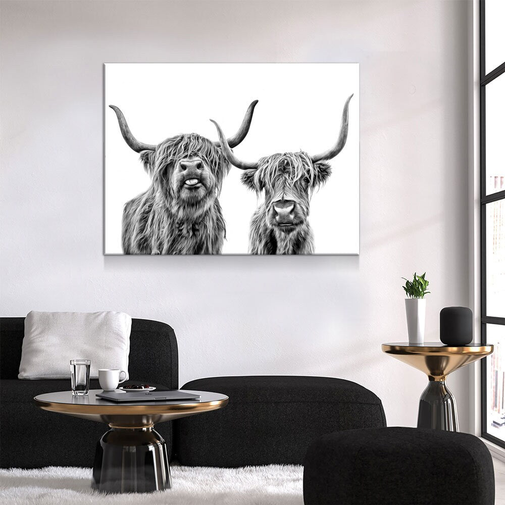 Highland Cows Canvas Wall Art, Ranch Art, Farmhouse Decor, Black White Print, Scottish Cows, Scottish Highlanders, Rustic Wall Decor