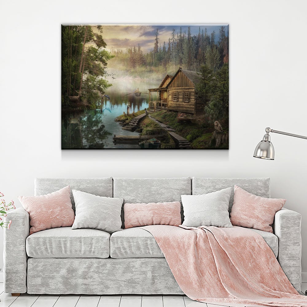 Cabin On The Lake Canvas Wall Art, Forest Cabin, Deer, Owl Decor, Hiking, Fishing Decor, Cabin Decor, Wilderness Decor